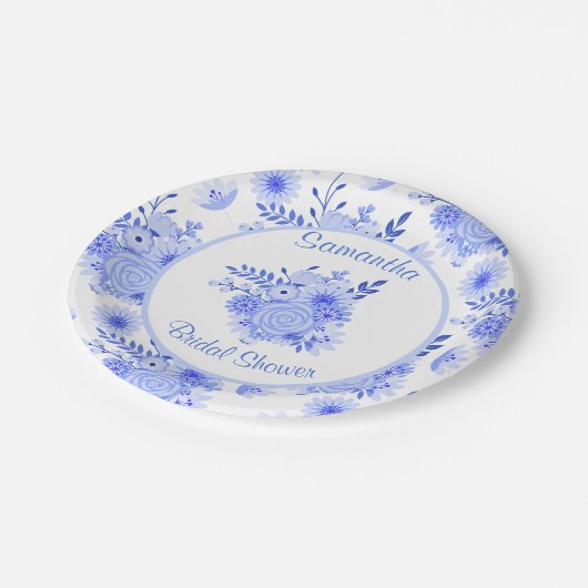 Papierplatte aus blauem und weißem Brautparty Pappteller (Schrägansicht)
