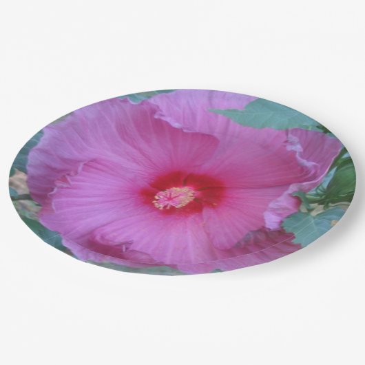 Papierplatte aus rosa Hibiskus Pappteller (Schrägansicht)