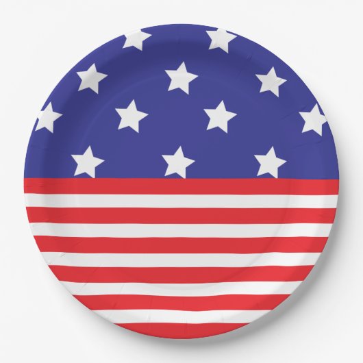 Papierplatte aus weißem Rot und blauem Sternen Pappteller (Vorderseite)