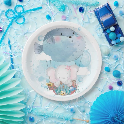 PAPIERPLATTE: BABY ELEPHANT & PUFFER FISH BALLOON PAPPTELLER (Party)