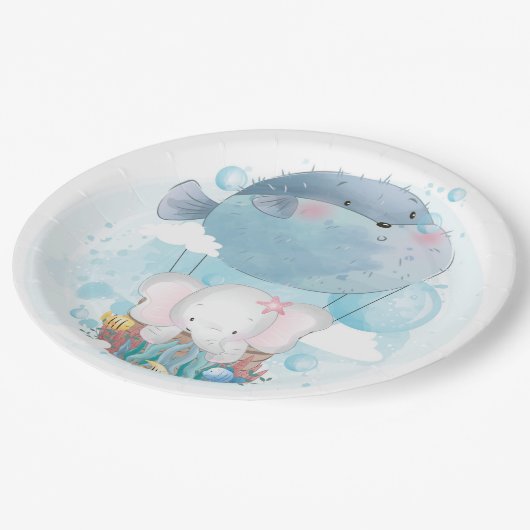 PAPIERPLATTE: BABY ELEPHANT & PUFFER FISH BALLOON PAPPTELLER (Schrägansicht)