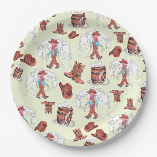 Papierplatte Cowboy und Pferdebraun Pappteller (Vorderseite)