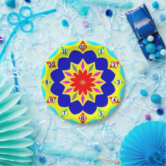 Papierplatte: Farbiger Uhreneffekt. Pappteller (Party)