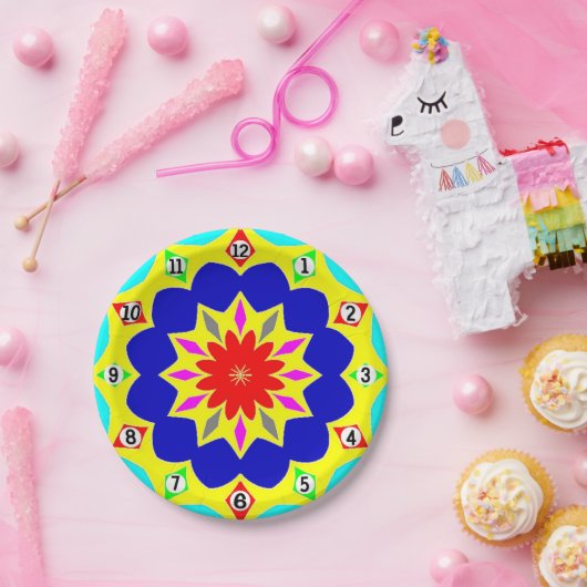 Papierplatte: Farbiger Uhreneffekt. Pappteller (Party)