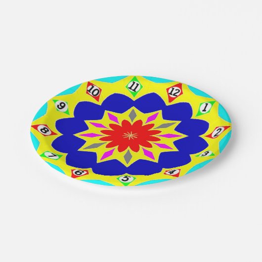 Papierplatte: Farbiger Uhreneffekt. Pappteller (Schrägansicht)