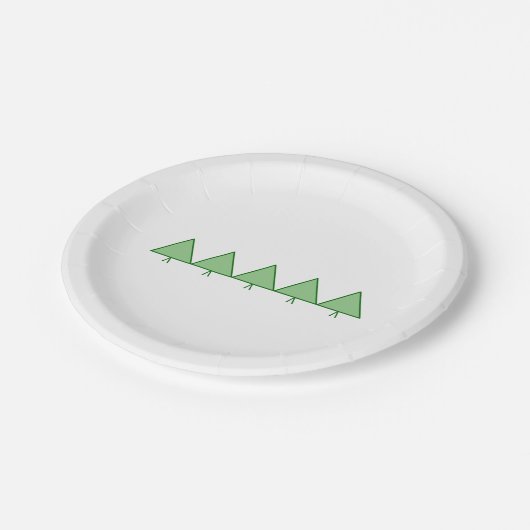 Papierplatte - Fünf grüne Dreiecksbäume Pappteller (Schrägansicht)