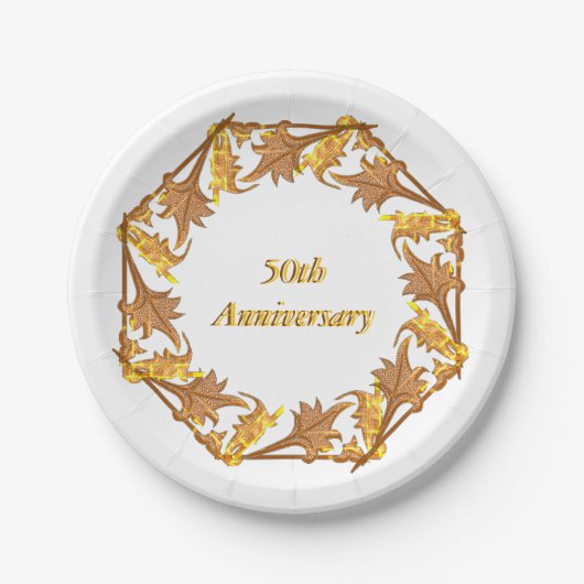 Papierplatte - Goldene Blätter in einem Kreis Pappteller (Vorderseite)