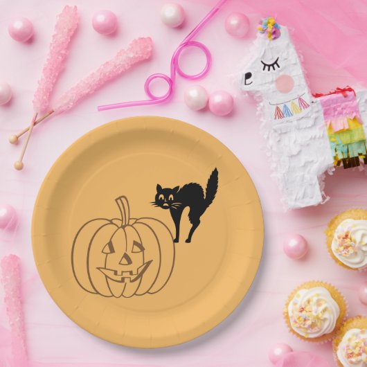Papierplatte - Kürbis und schwarze Katze Pappteller (Party)