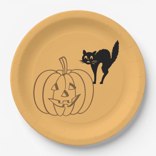 Papierplatte - Kürbis und schwarze Katze Pappteller (Vorderseite)