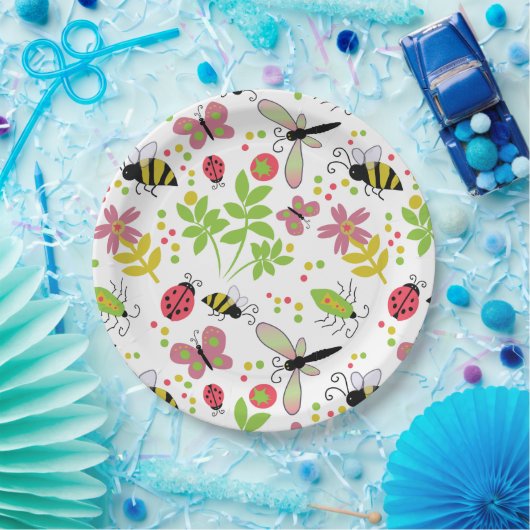 Papierplatte mit freundlichen Gartenbugs und Biene Pappteller (Party)