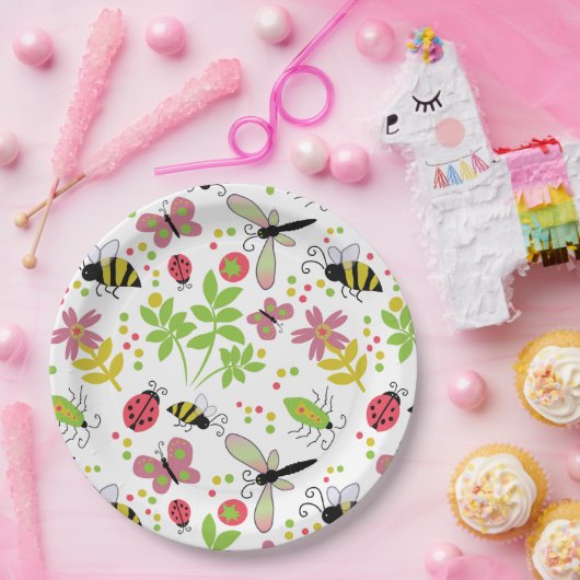 Papierplatte mit freundlichen Gartenbugs und Biene Pappteller (Party)