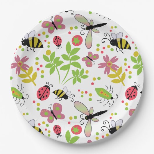 Papierplatte mit freundlichen Gartenbugs und Biene Pappteller (Vorderseite)