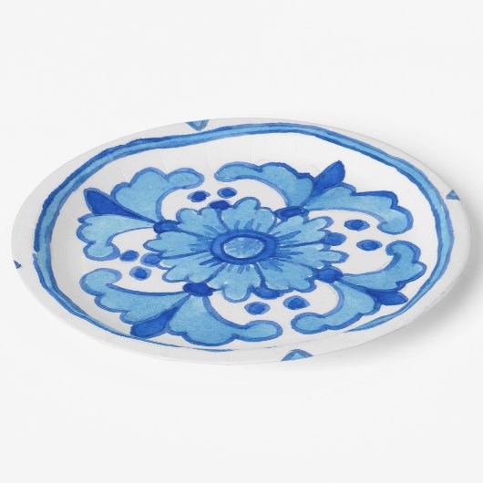 Papierplatte mit Keramik-Fliese-Design P1 blau Pappteller (Schrägansicht)