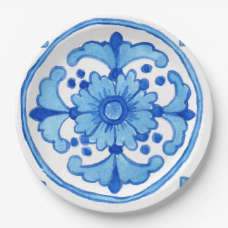 Papierplatte mit Keramik-Fliese-Design P1 blau Pappteller