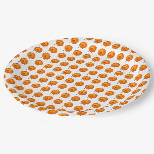 Papierplatte - orange Calendula in Reihen Pappteller (Schrägansicht)
