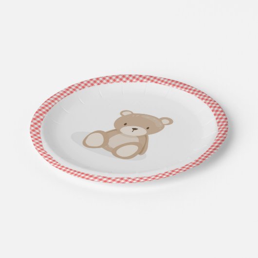 Papierplatte Picnic Teddy Bear Red Gingham Birthda Pappteller (Schrägansicht)