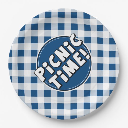 Papierplatte Picnic Time Blue Gingham Muster Pappteller (Vorderseite)