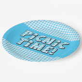 Papierplatte Picnic Time Light Blue Gingham Muster Pappteller (Schrägansicht)