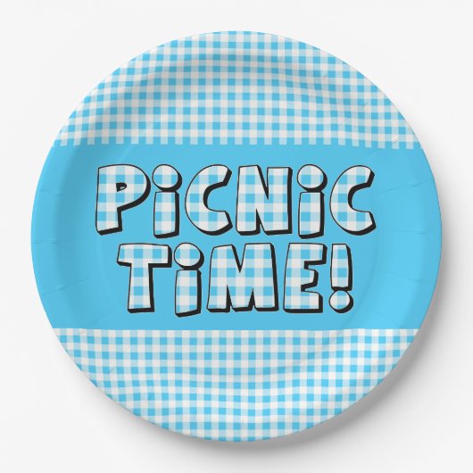 Papierplatte Picnic Time Light Blue Gingham Muster Pappteller (Vorderseite)