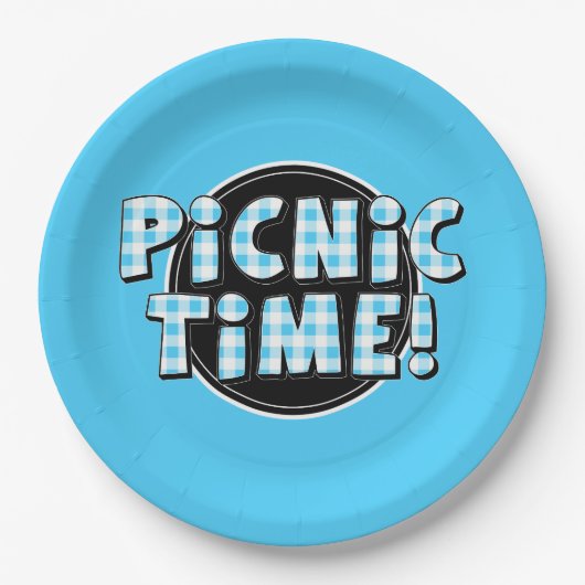 Papierplatte Picnic Time Light Blue Gingham Muster Pappteller (Vorderseite)