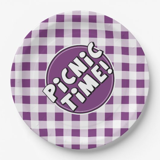 Papierplatte Picnic Time Lila Gingham Muster Pappteller (Vorderseite)