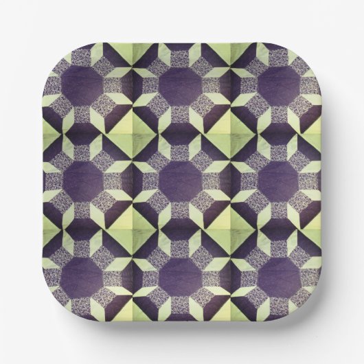 Papierplatte - Quiltmuster in Grün und Blau Pappteller (Vorderseite)