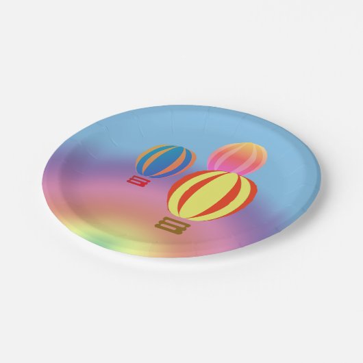 Papierplatte - Regenbogen mit Heißluftballons Pappteller (Schrägansicht)