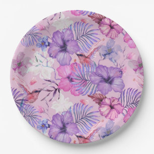 PAPIERPLATTE: WASSERCOLOR HIBISKUS & HUMMINGBIREN PAPPTELLER