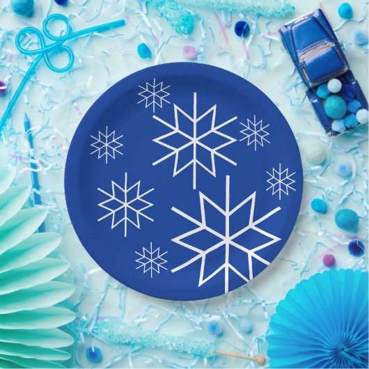 Papierplatte - Weiße Schneeflocken auf blau Pappteller (Party)