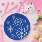 Papierplatte - Weiße Schneeflocken auf blau Pappteller (Party)