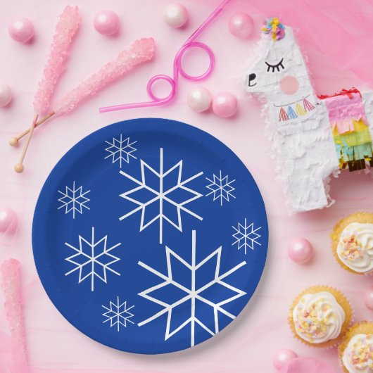 Papierplatte - Weiße Schneeflocken auf blau Pappteller (Party)