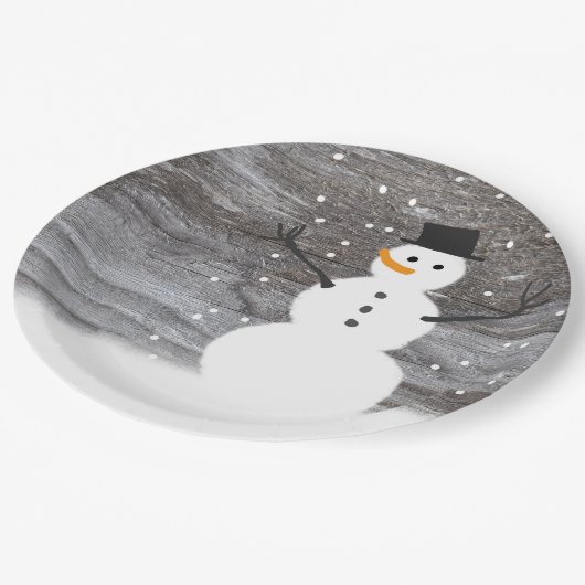Papierplatte weißes niedliches rustikales Snowman Pappteller (Schrägansicht)