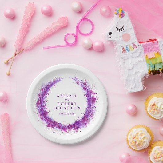 Papierschild mit lila Kranzbezeichnungen für Hochz Pappteller (Party)