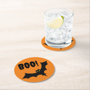 Papierset von sechs - Boo! Halloween-Fledermaus Runder Pappuntersetzer