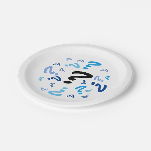 Papiertafel - Blaue Fragezeichen Pappteller (Schrägansicht)