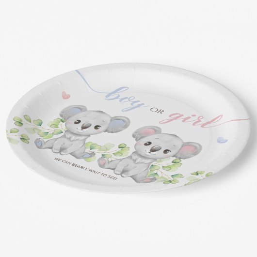 Papiertafel für Koala Gender Reveal Party. Pappteller (Schrägansicht)