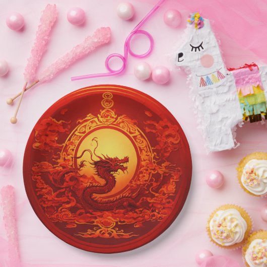 Papiertafel rot mit Drachendesign Pappteller (Party)