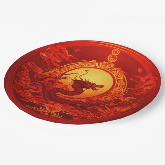 Papiertafel rot mit Drachendesign Pappteller (Schrägansicht)