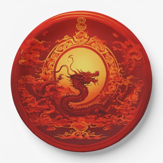 Papiertafel rot mit Drachendesign Pappteller (Vorderseite)
