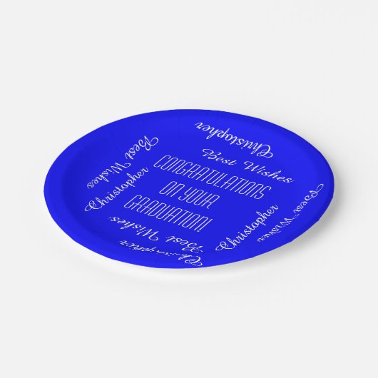 PapierTeller, Abschluss-Party-Namen, blaues Weiß Pappteller (Schrägansicht)