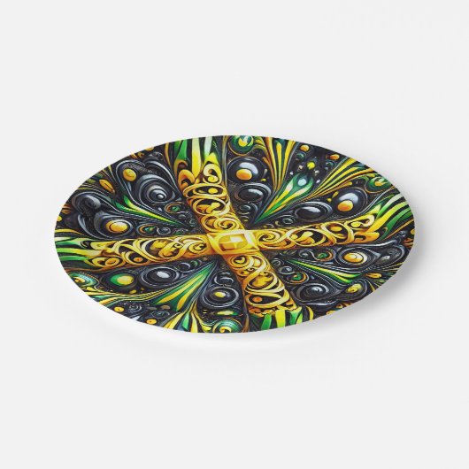 Papierteller mit jamaikanischer Farbgestaltung (Schrägansicht)