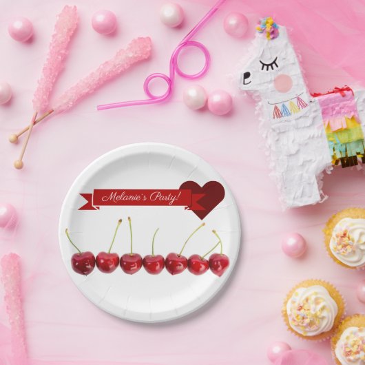 Papierteller personalisierbar weiß mit Kirschen (Party)
