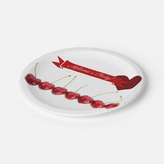Papierteller personalisierbar weiß mit Kirschen (Schrägansicht)