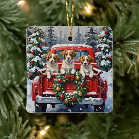 Papillon Christmas Red Truck Holiday Keramikornament (Baum)