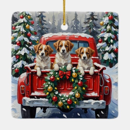 Papillon Christmas Red Truck Holiday Keramikornament (Rückseite)