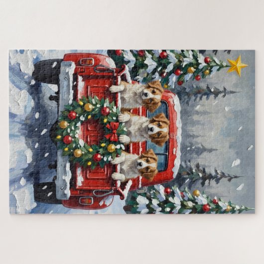 Papillon Christmas Red Truck Holiday Puzzle (Horizontal)