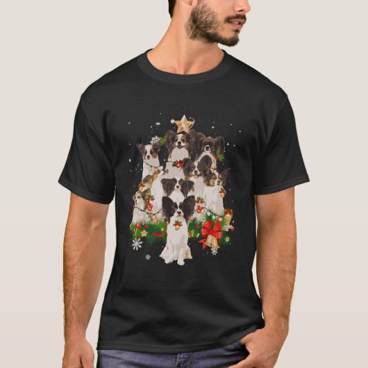 Papillon Christmas Tree Lights Funny Dog Xmas Gesc T-Shirt (Vorderseite)