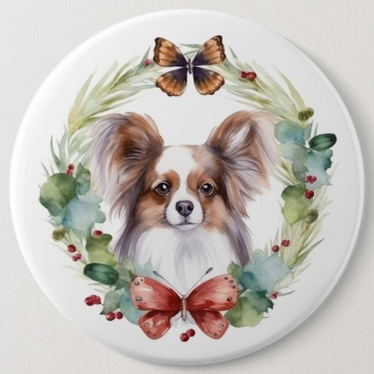 Papillon Christmas Wreath Festive Pup Button (Vorderseite)