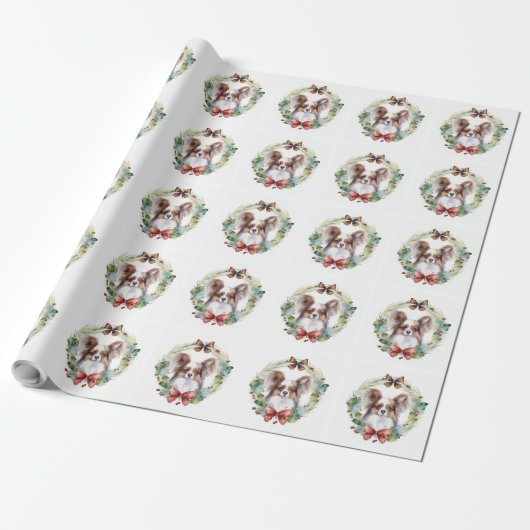 Papillon Christmas Wreath Festive Pup Geschenkpapier (Ungerollt)