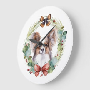 Papillon Christmas Wreath Festive Pup Große Wanduhr